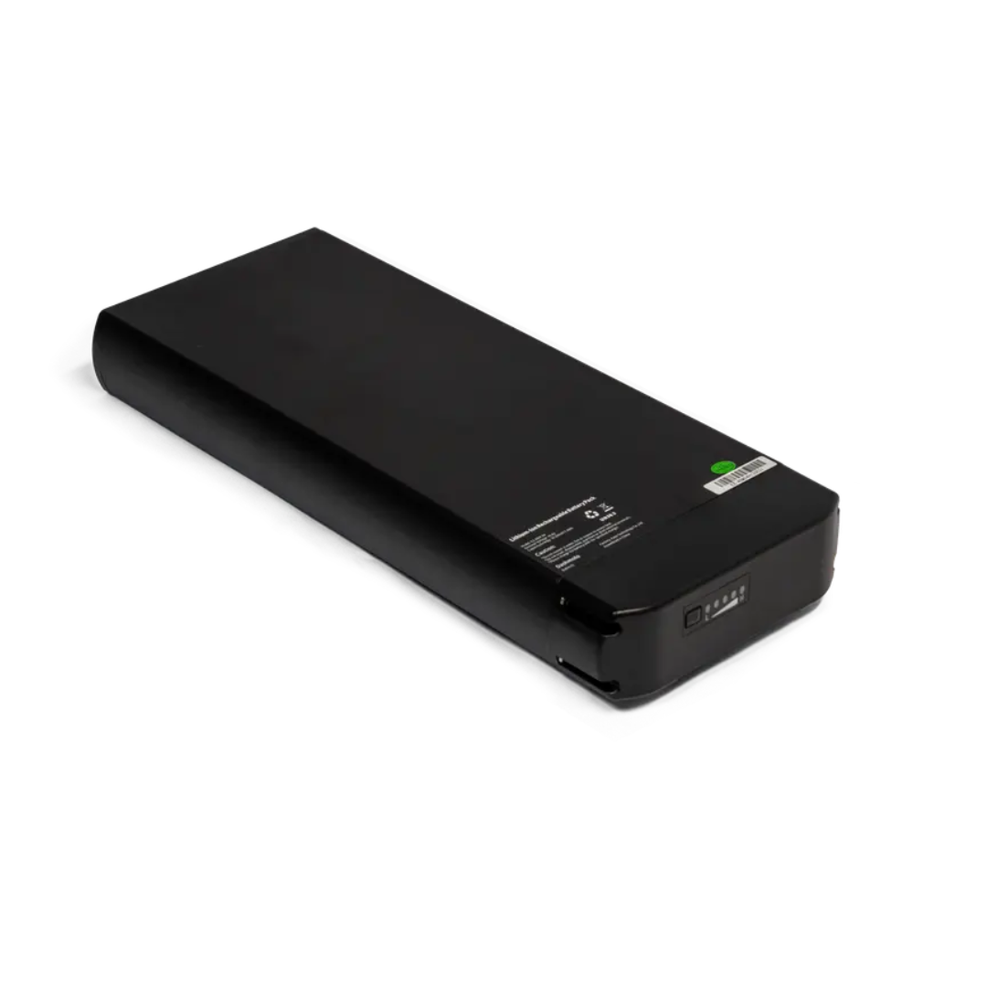 A sleek rectangular black long-range battery pack with a smooth finish, featuring an indicator panel and label on one end, shown on a white background—perfect for Dashmoto Accessories For Dash 3 Scooter.